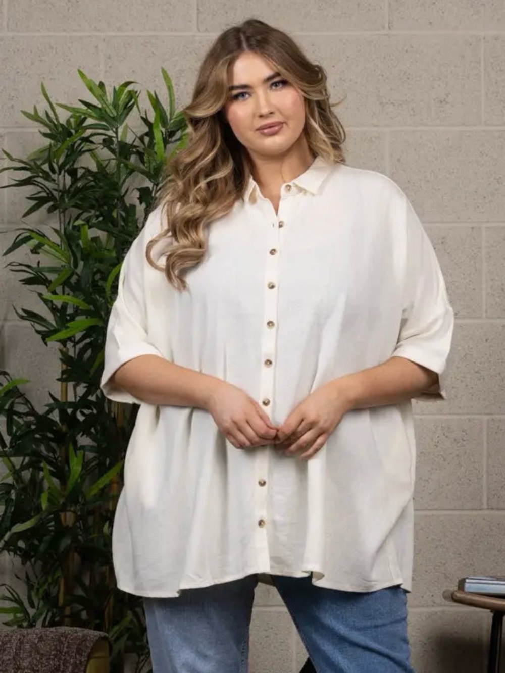 Plus-Size Cream Button-Down Relaxed Shirt New Boutique